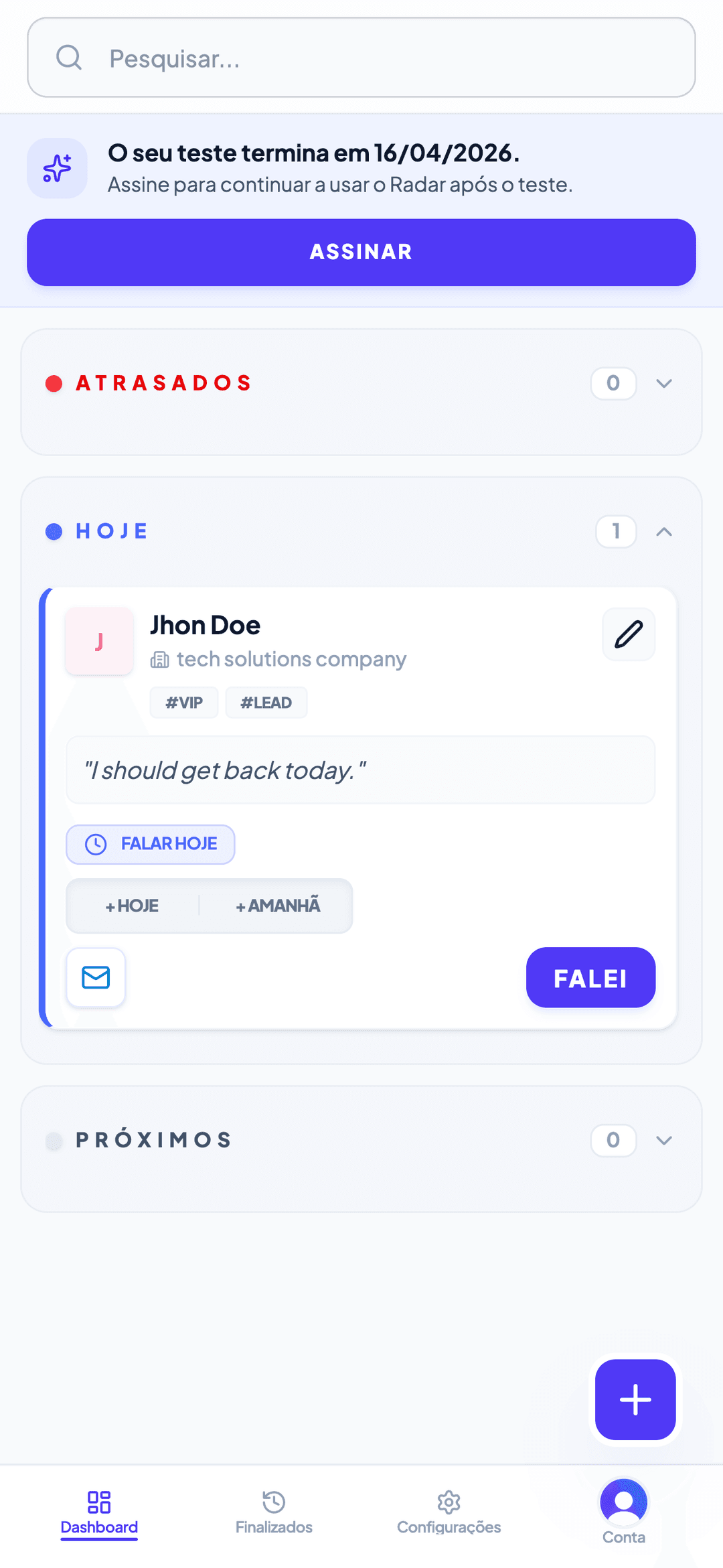 Visão mobile do Radar FollowUp Corretor